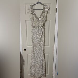 Mac Duggal White and Silver Beaded Dress